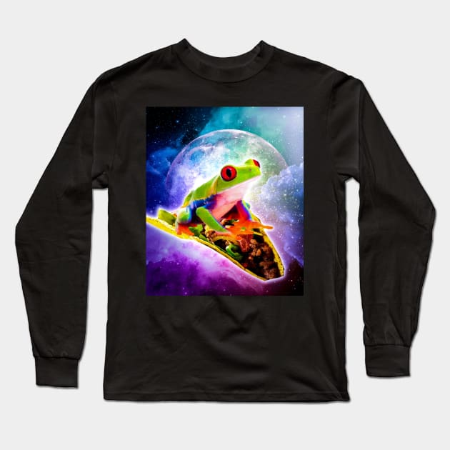 Red Eye Tree Frog Riding Taco In Space Long Sleeve T-Shirt by Random Galaxy